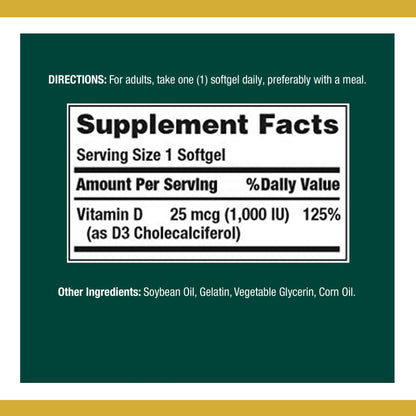 Nature's Bounty Vitamin D3 25mcg (1000iu) | Immune Support, Helps Maintain Healthy Bones & Hormones | 120 Rapid Release Softgels; Exp 05/2028