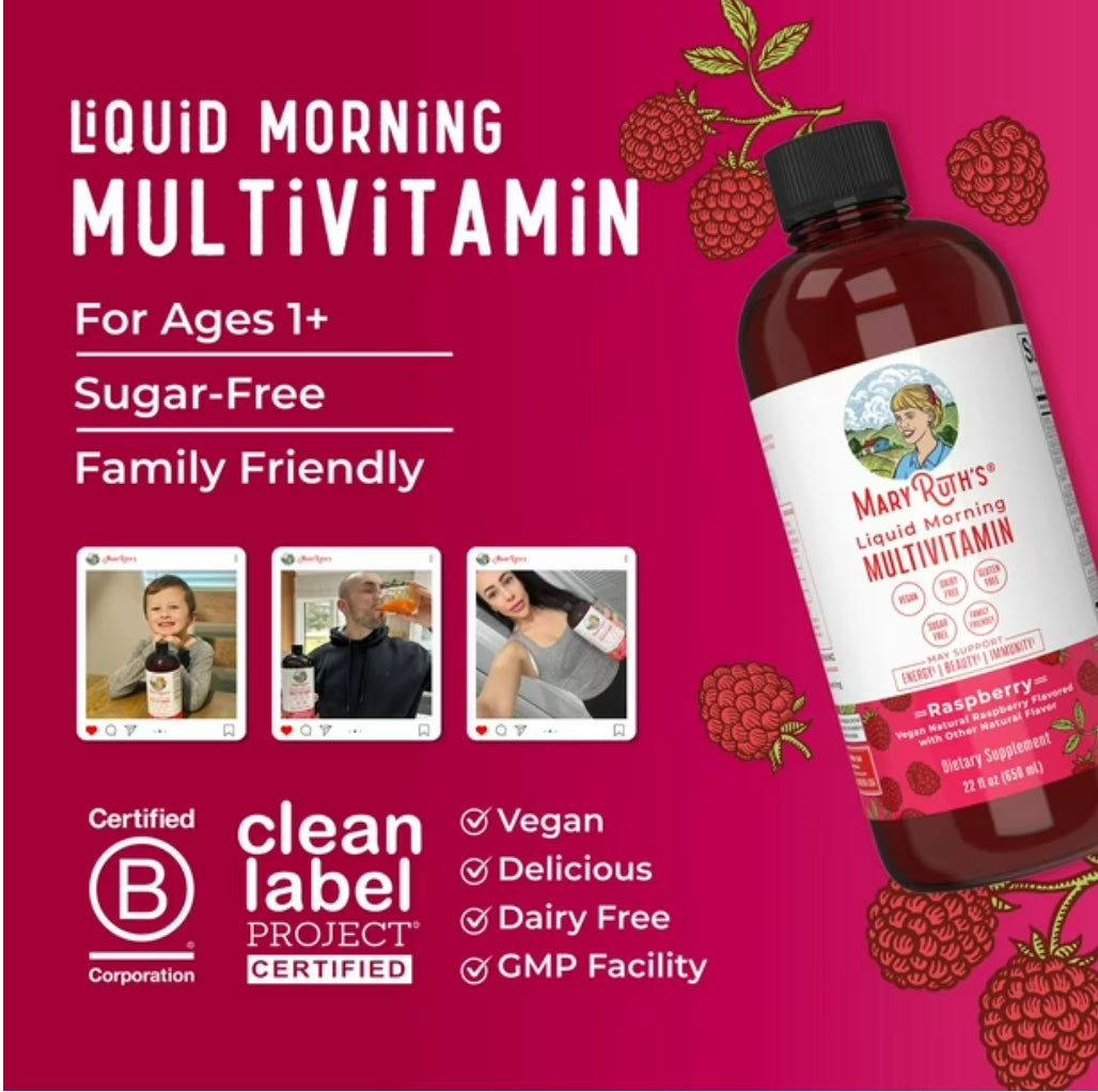 MaryRuth Organics Liquid Morning Multivitamin for For the Whole Family (Including Kids Aged 1 Year & Above) | Vitamins A, C, D, E, B6, B12, Biotin, Zinc | Natural Raspberry ~ 22oz/650ml; Exp 04/2027
