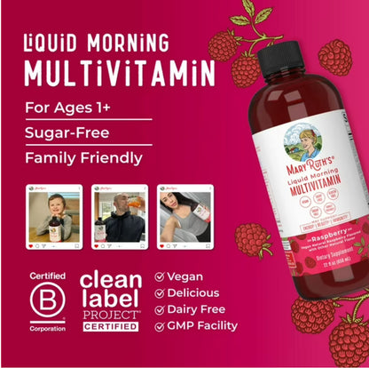 MaryRuth Organics Liquid Morning Multivitamin for For the Whole Family (Including Kids Aged 1 Year & Above) | Vitamins A, C, D, E, B6, B12, Biotin, Zinc | Natural Raspberry ~ 22oz/650ml; Exp 04/2027
