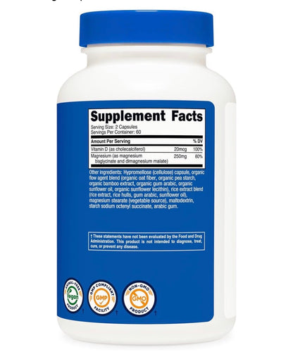Nutricost Magnesium Glycinate + Malate 250mg With Vitamin D | Highly Bioavailable for Healthy Sleep & Stress Support | 120 Capsules; Exp 05/2029