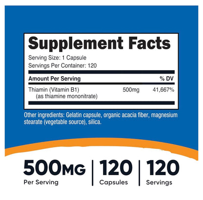 Nutricost Vitamin B1 500mg ~ Thiamine Mononitrate | Protects Your Heart, Brain & Nervous Seystem | Prevents & Treats Vitamin B1 Deficiency | 120 Capsules; Exp 04/2029