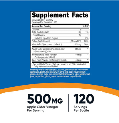 Nutricost Apple Cider Vinegar 500mg with Vitamin B12, Folate, Beet Root Powder & Pomegranate Juice Powder | 120 Servings | Improves Digestion, Gut Health and Controls Appetite | Apple Flavored ACV | 120 Gummies; Exp 11/2027