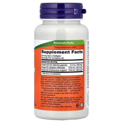 NOW Peppermint Gels With Ginger & Fennel Oils | Supports Healthy Digestion & Normal Gastrointestinal Function | Relieves Minor Bowel Discomfort | Enteric Coated ~ 90 Softgels; Exp 07/2029