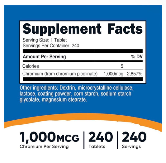 Nutricost Chromium Picolinate 1000mcg | Supports Healthy Sugar Metabolism | 240 Tablets; Exp 01/2029
