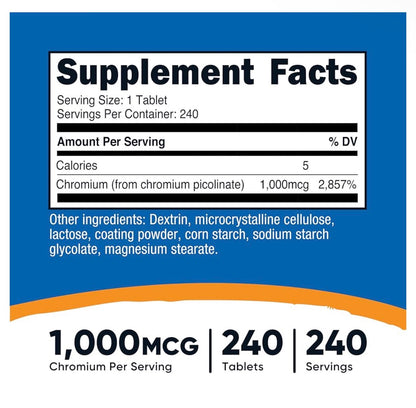 Nutricost Chromium Picolinate 1000mcg | Supports Healthy Sugar Metabolism | 240 Tablets; Exp 01/2029