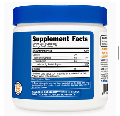 Nutricost's Pure D-Ribose Powder | Supports Energy Production in Your Heart & Muscle | Promotes Muscle Recovery after Exercise | 250g; Exp 03/2028