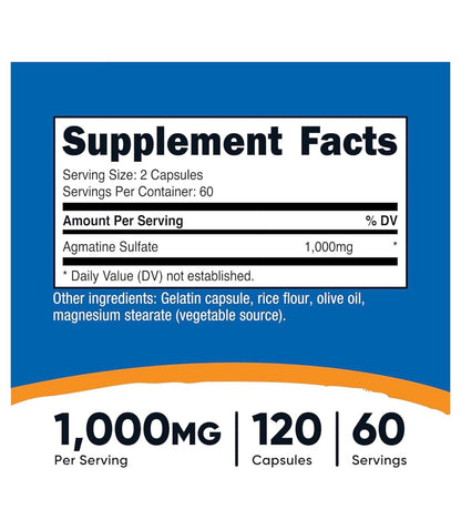 Nutricost Agmatine Sulfate 1000mg | L-Arginine Metabolite | Boosts nitric Oxide Production | Improves Blood Flow to Muscles, Brain & Other Tissues | 120 Capsules; Exp 05/2028