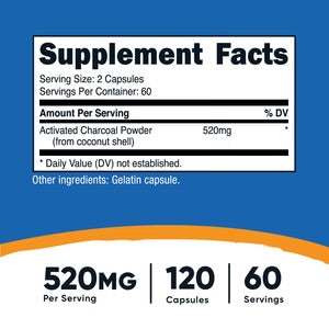 Nutricost Activated Charcoal 520mg | Binds Unwanted Materials & Gas in the Digestive Tract | 120 Capsules- Exp 03/2027