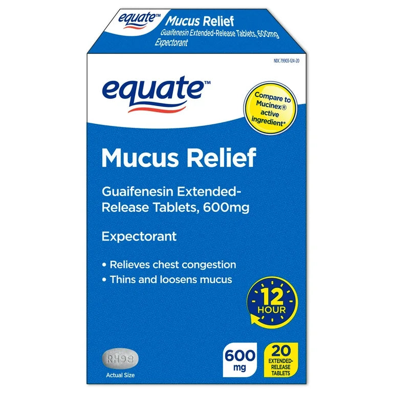 Equate Mucus Relief Guaifenesin 600mg | Extended-Release | Relieves Chest Congestion, Thins & Loosens Mucus | Similar to Mucinex | 20 Tablets; Exp 04/2027