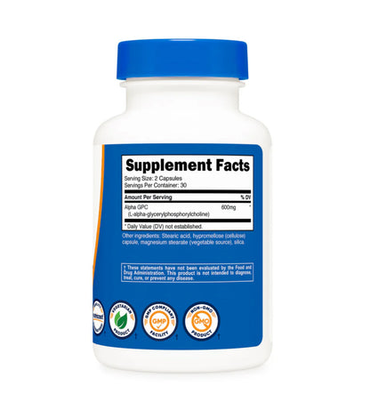 Nutricost Alpha GPC 600 mg Choline | Nootropics | L-alpha-glycerylphosphorylcholine | Bioavailable Source of Choline | Acetylcholine Precursor & Mood Booster | Brain, Memory & Focus Support | 60 Capsules; Exp 11/2027