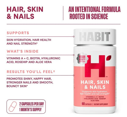 HABIT Hair, Skin & Nails Multivitamin | Vitamins A & C, Biotin, RoseHips, Hyaluronic, Acid | 60 Capsules; Exp 02/2027
