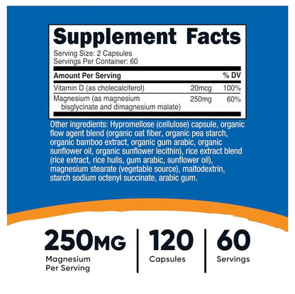 Nutricost Magnesium Glycinate + Malate 250mg With Vitamin D | Highly Bioavailable for Healthy Sleep & Stress Support | 120 Capsules; Exp 05/2029