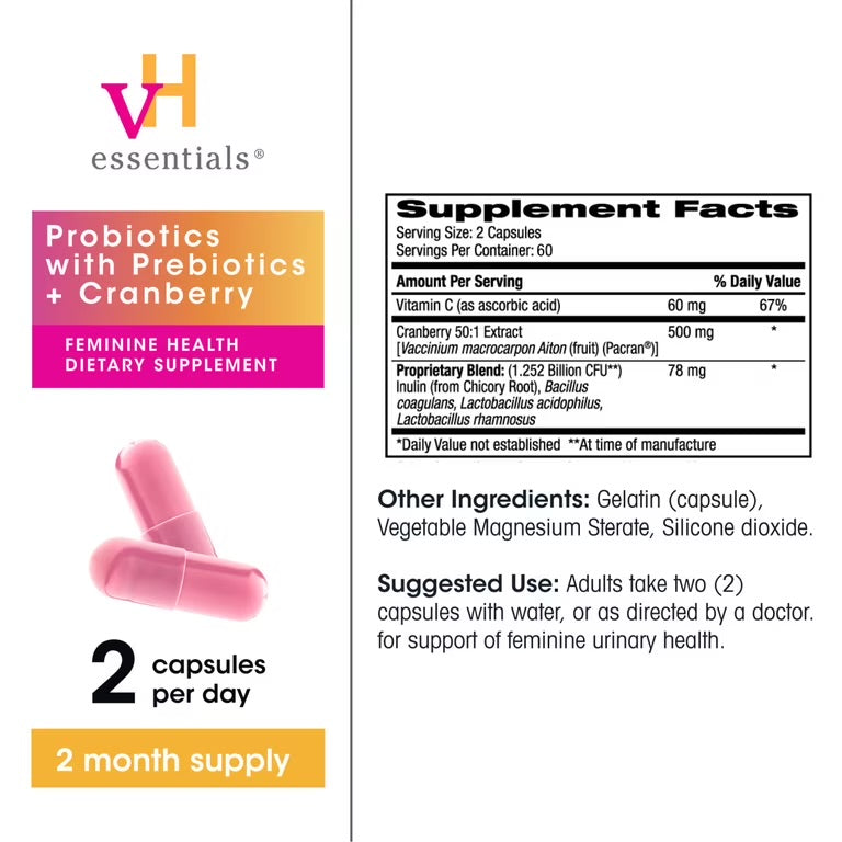 VH Essentials Probiotics With Prebiotics & Cranberry | For pH Balance, Vagina Odor Control, UTI Prevention & Improved Gut Health | 120 Capsules; Exp 01/2028