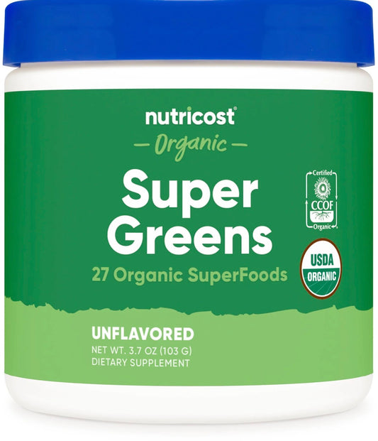Nutricost Organic Super Greens Powder | 10 Servings | Superfood Drink Mix | Unflavored ~ 3.7oz/103g; Exp 04/2027