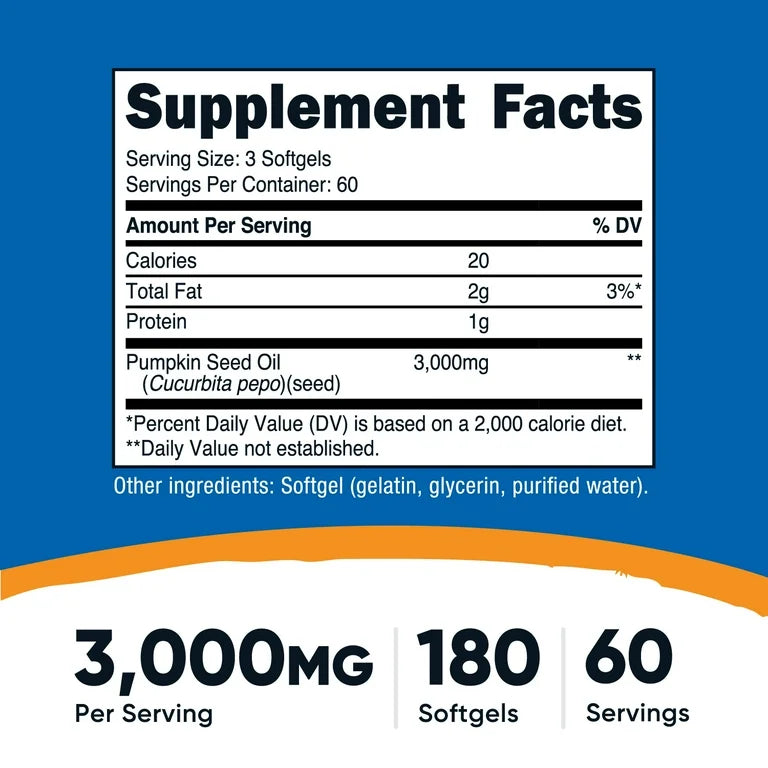 Nutricost Pumpkin Seed Oil 3000 mg | Supports Prostate & Urinary Health | Nourishment for Skin & Hair | 180 Softgels; Exp 07/2028