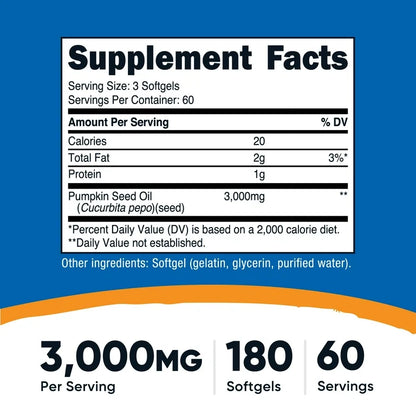 Nutricost Pumpkin Seed Oil 3000 mg | Supports Prostate & Urinary Health | Nourishment for Skin & Hair | 180 Softgels; Exp 07/2028