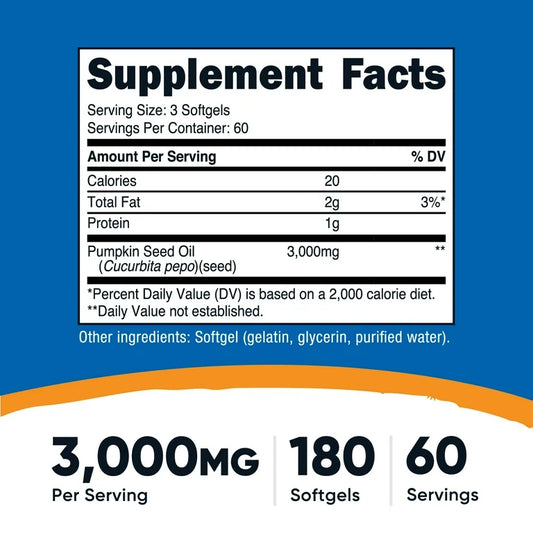 Nutricost Pumpkin Seed Oil 3000 mg | Supports Prostate & Urinary Health | Nourishment for Skin & Hair | 180 Softgels; Exp 07/2028