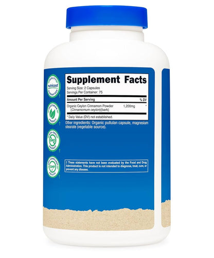 Nutricost Organic Ceylon Cinnamon (1200 MG) | Supports Healthy Glucose (Sugar) Metabolism | 150 Capsules; Exp 09/2027
