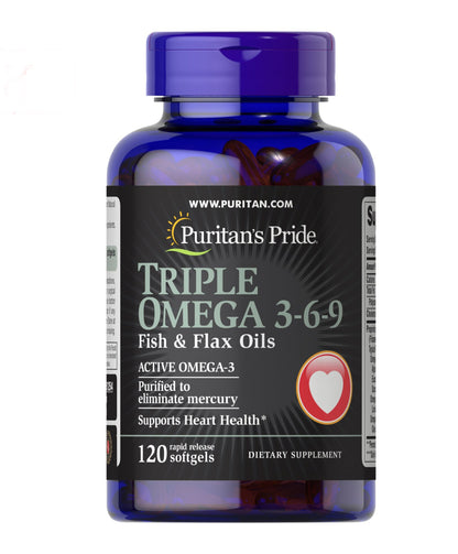 Puritan’s Pride Triple Omega 3-6-9 Fish & Flax Oils | Maintains Healthy Skin, Supports Heart Health & Proper Nervous System Function | 120 Rapid Release Softgels; Exp 08/2027