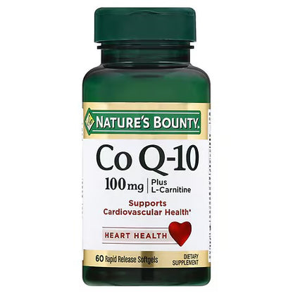 Nature's Bounty CoQ10 100 mg + L-Carnitine (as L-Carnitine Fumarate) | Promotes Heart Health | Supports Energy Production | 60 Softgels, Exp 08/2026