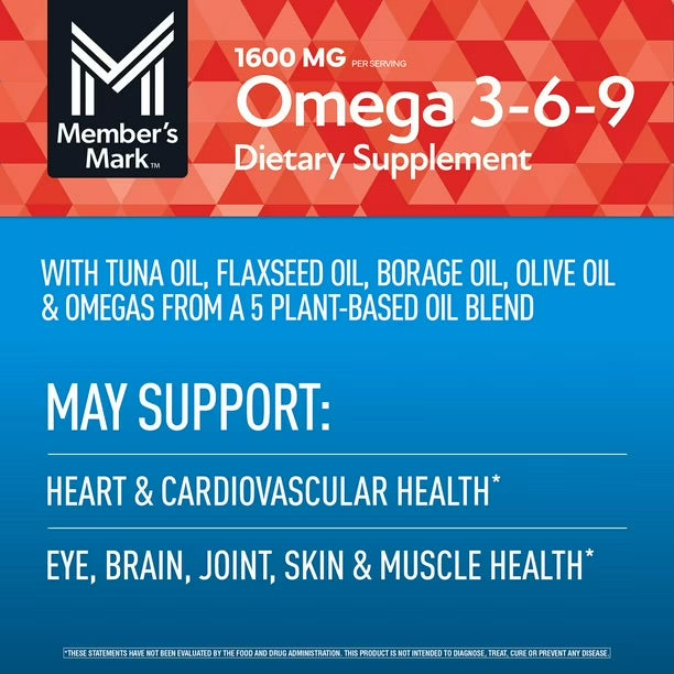 Member's Mark Omega 3-6-9 1600mg | with Esterified Tuna Fish Oil, Cold Pressed Flaxseed Oil, Safflower Oil, Borage Oil, Extra Virgin Olive Oil & Evening Primrose Oil | 300 Softgels; Exp 09/2027