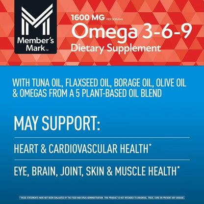 Member's Mark Omega 3-6-9 1600mg | with Esterified Tuna Fish Oil, Cold Pressed Flaxseed Oil, Safflower Oil, Borage Oil, Extra Virgin Olive Oil & Evening Primrose Oil | 300 Softgels; Exp 09/2027