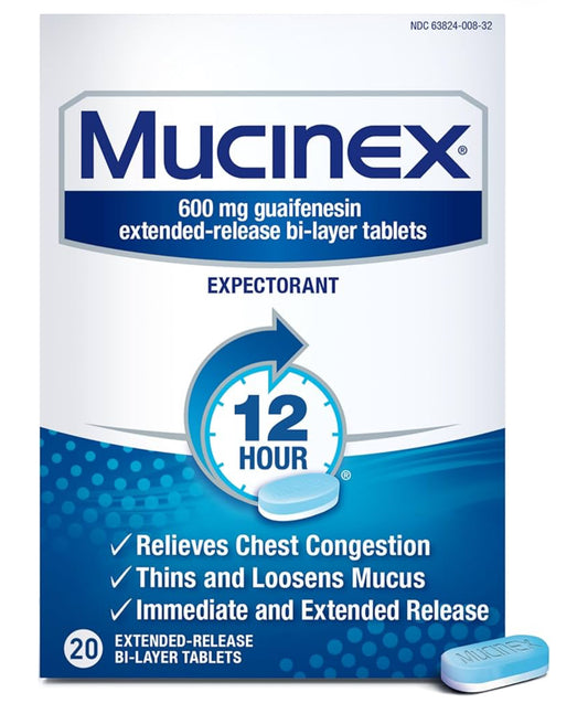 Mucinex Chest Congestion Expectorant | Immediate and Extended Release | Relieves Chest Congestion | Thins and Loosens Mucus for 12 Hours | 20 Extended-Release Bi-Layer Tablets; Exp 09/2026