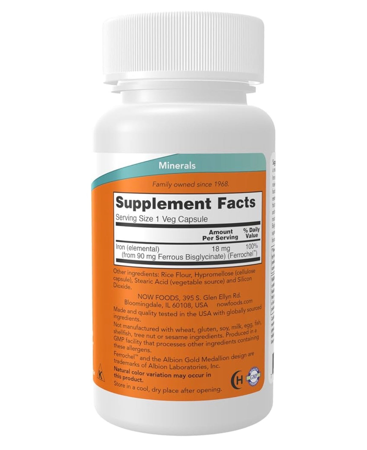 NOW Iron 18mg | Ferrochel Iron Bisglycinate | Non-Constipating | Supports Energy Production, Immune System Function & Neurological Health | 120 Capsules; 06/2030