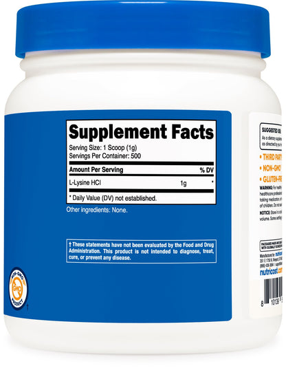 Nutricost L-Lysine 1000mg | Pure L-Lysine HCL Powder | 500 Servings | Supports Immune Function | Healthy Skin and Lips | 500g(1.1lb), Exp 09/2027