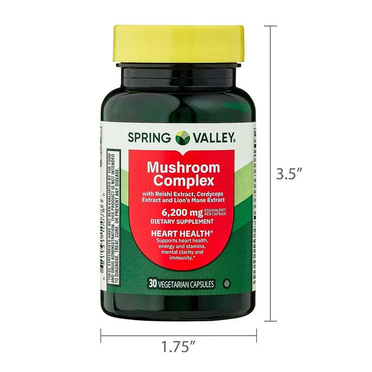 Spring Valley Mushroom Complex 6200 mg | Cordyceps, Reishi & Lion’s Mane Mushroom Extracts | Cognitive Support | Supports Heart Health, Energy, Stamina & Immune Function | Promotes Mental Clarity | 30 Capsules; Exp 01/2028