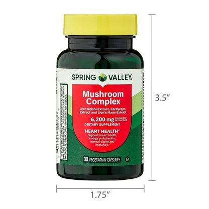 Spring Valley Mushroom Complex 6200 mg | Cordyceps, Reishi & Lion’s Mane Mushroom Extracts | Cognitive Support | Supports Heart Health, Energy, Stamina & Immune Function | Promotes Mental Clarity | 30 Capsules; Exp 01/2028