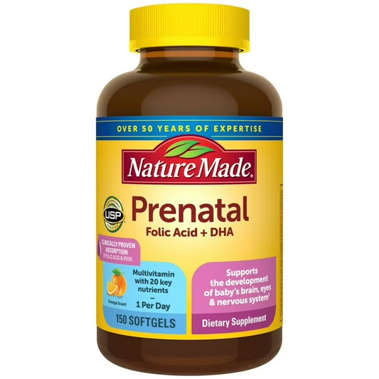Nature Made Prenatal with Folic Acid + DHA 200mg | 150 Day Supply | Prenatal Vitamin and Mineral Supplement for Daily Nutritional Support | Orange Scent ~ 150 Softgels, Exp Jun/2027