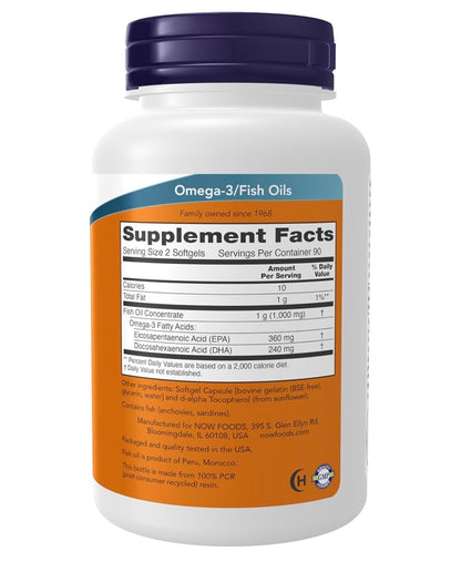 NOW Omega-3 Fish Oil Mini Gels 180 EPA/120 DHA | 500mg per Softgel | Cardiovascular Support | 180 Softgels; Exp 01/2029