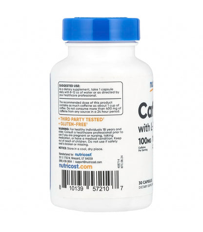 Nutricost Caffeine 100mg | With L-Theanine 100mg | Stimulant | Promotes Calm & Energized Alertness | 30 Capsules; Exp 08/2027