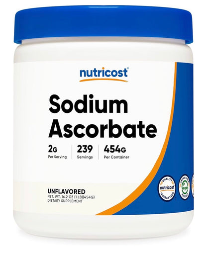 Nutricost Pure Sodium Ascorbate Powder | 2g per Serving | Unflavored; 1 Lb; Exp 09/2028