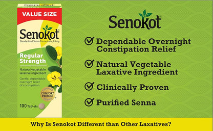 Senokot Regular Strength Constipation Relief | Senna Plant, A Natural Vegetable Laxative Ingredient | Senna Concentrate 8.6mg | 100 Tablets; Exp 11/2026