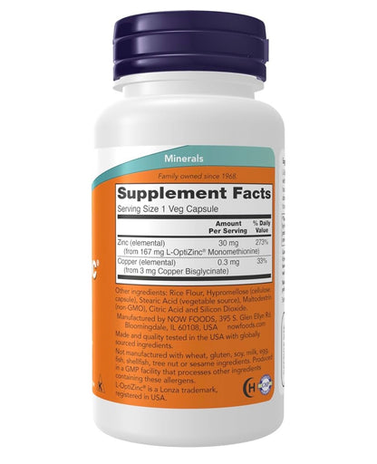 NOW L-OptiZinc® 30mg with Copper | Highly Bioavailable Form Zinc (L-OptiZinc Monomethionine) & Copper (Copper Bisglycinate)| Immune Support | 100 Capsules; Exp 05/2031