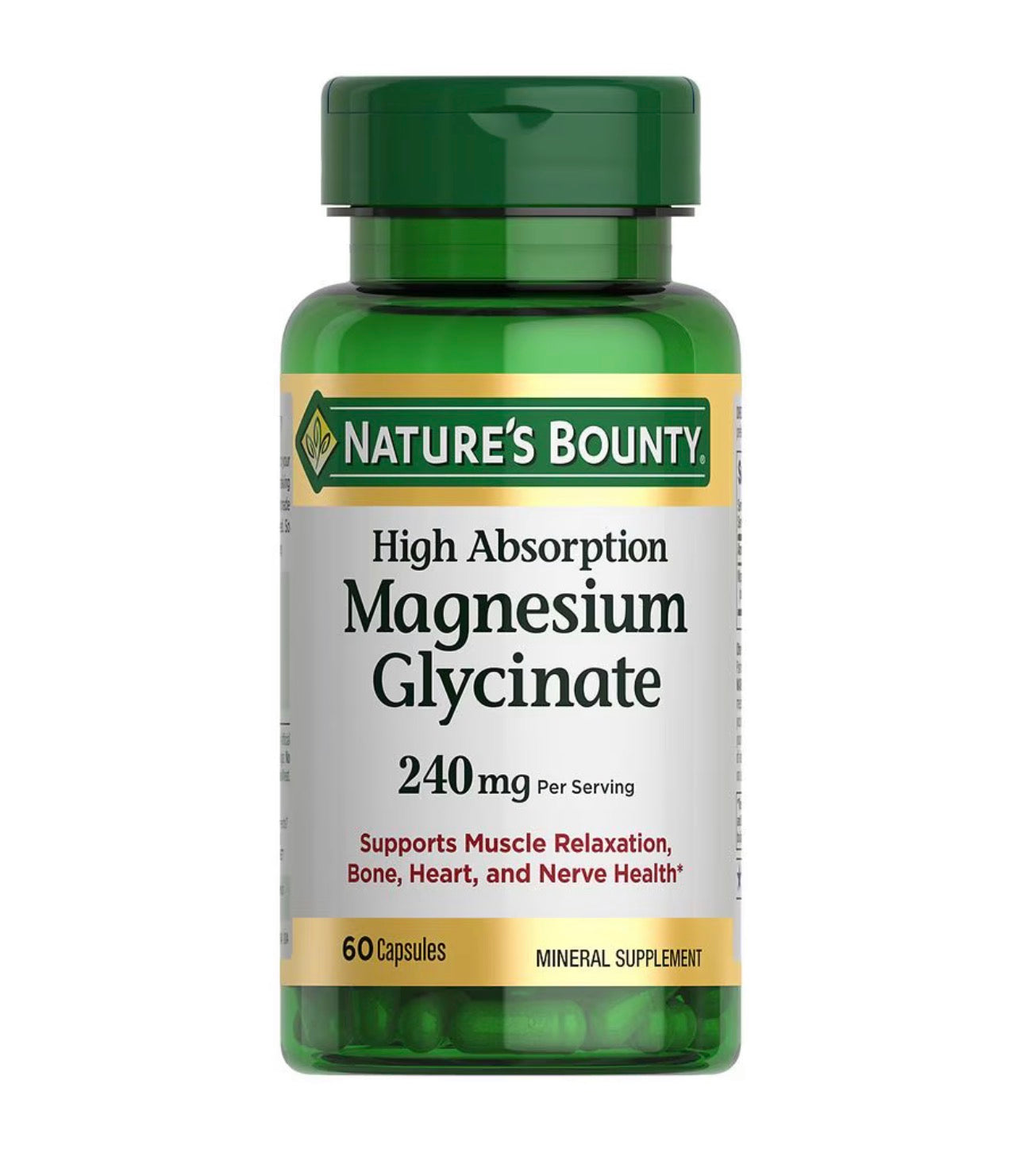 Nature's Bounty High Absorption Magnesium Glycinate 240mg | Supports Muscle Relaxation | Supports Bone, Heart, and Nerve Health | 60 Capsules; Exp 11/2028