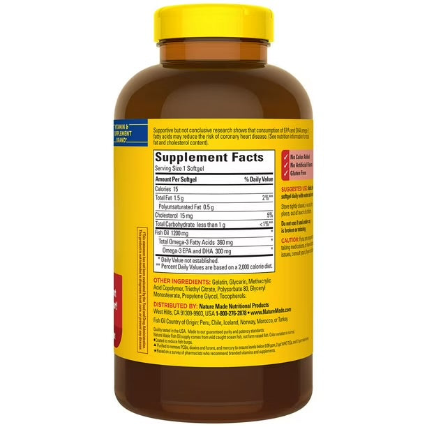 Nature Made Burp-Less Fish Oil 1200mg | Omega 3 Fish Oil for Healthy Heart Support | 240 Coated Softgels; Exp 06/2028