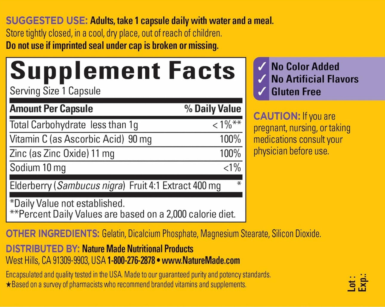 Nature Made Elderberry 400mg Extract with Vitamin C and Zinc | 60 Day Supply | Immune Support | 60 Capsules; Exp 01/2026