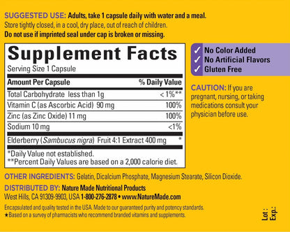 Nature Made Elderberry 400mg Extract with Vitamin C and Zinc | 60 Day Supply | Immune Support | 60 Capsules; Exp 01/2026