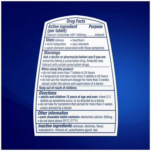 TUMS Ultra Strength Heartburn Relief Chewable Antacid Tablets | 1000mg Calcium Carbonate | 3.6x the Regular 72ct Pack | Assorted Berries Flavor | 265 Chewable Tablets; Exp 12/2030