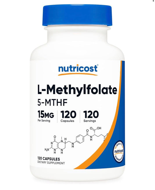 Nutricost L-MethylFolate 5-MTHF (Vitamin B9) 15mg (15,000mcg) | Quatrefolic - Biologically Active Form of Folate | 120 Capsules; Exp❗️ UNCLEAR 03/2029 👉🏽Check last picture