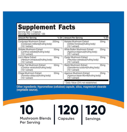 Nutricost Mushroom Complex - 10 Mushroom Blend | with Reishi, Turkey Tail, Maitake, Shiitake, Lion's Mane, Chaga & More | Supports Immune Health & Overall Vitality | 120 Capsules; Exp 06/2028