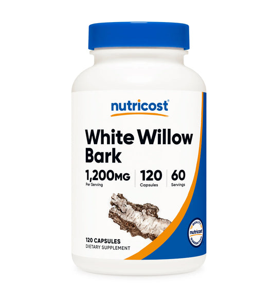 Nutricost White Willow Bark 1200mg | Natural Source of Salicin | Temporary Relief from Minor Pain of Overexertion | Soothing Comfort For Sore Joints and Muscles | 120 Capsules; Exp 08/2027