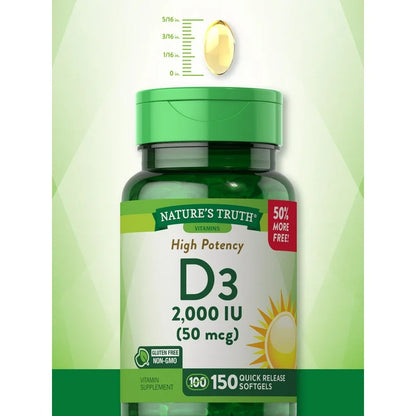 Nature's Truth Vitamin D3 2000iu (50 mcg) | High Potency | Supports Immune System, Hormone Health, Bone & Joint Health | 150 Softgels Exp 05/2027