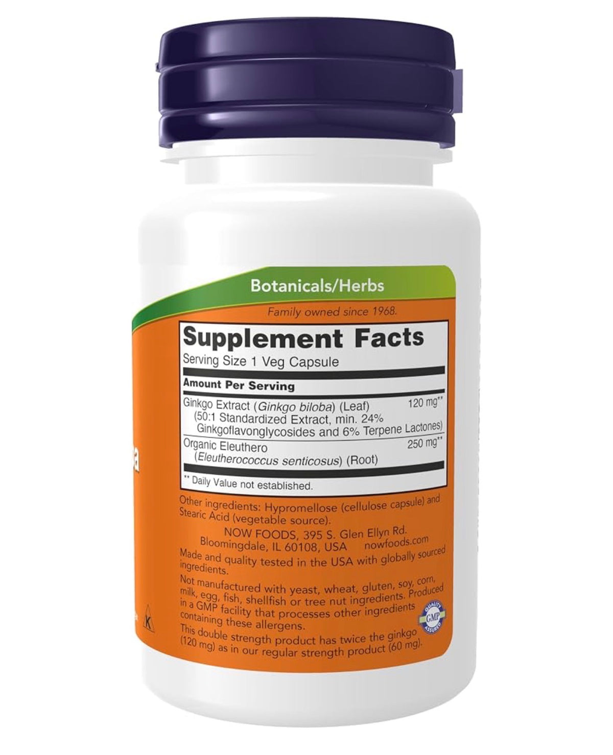 NOW Double Strength Ginkgo Biloba 120mg with Eleuthero Root | Supports Brain Health& Mental Alertness | 50 Capsules; Exp 05/2030