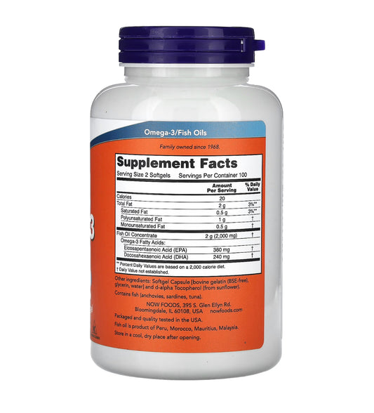 NOW Fish Oil Omega-3 180 EPA / 120 DHA | 1000mg per Softgel | Supports Cardiovascular Health | 200 Softgels; Exp 05/2029