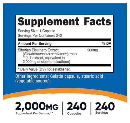 Nutricost Siberian Eleuthero 2000mg | Adaptogen | Supports Your Body's Natural Ability to Adapt to the Stress of Everyday Life | 240 Capsules; Exp 08/2028