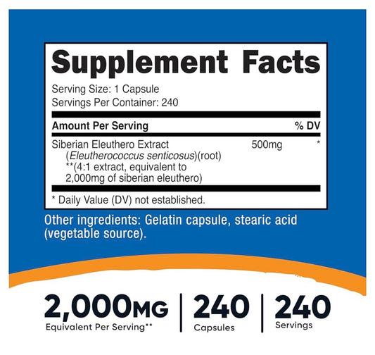 Nutricost Siberian Eleuthero 2000mg | Adaptogen | Supports Your Body's Natural Ability to Adapt to the Stress of Everyday Life | 240 Capsules; Exp 08/2028